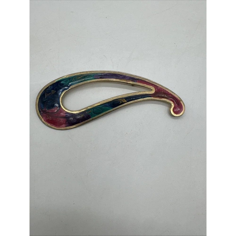 Vintage Paisley Enamel Brooch Gold Tone Pink Teal‎ Purple Teardrop Pin 4